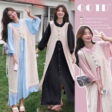 2026早秋宽松遮肚衬衣连衣裙+镂空罩衫叠穿孕妇两件套