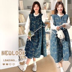 批发春季碎花<b class='q'>牛仔</b>娃娃背心<b class='q'>连衣裙</b>衬衫套装日系复古减龄孕妇两件套