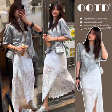 批发夏季新款立体花朵短袖T恤+蕾丝半身裙孕妇<b class='q'>两件</b>套