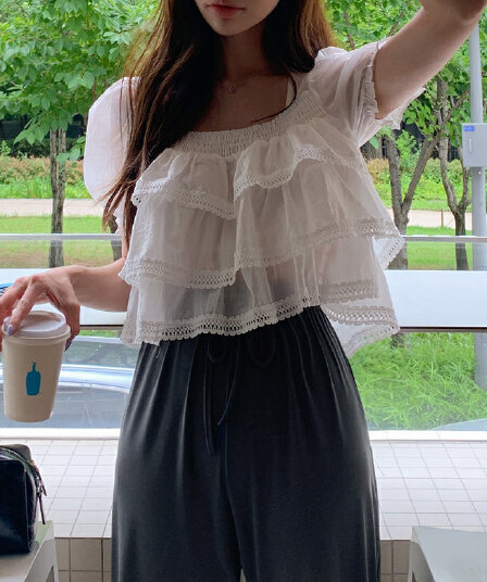 무거운 작업 달콤함 레이스 레이스 반팔 쉬폰 블라우스 한국 스타일 chic 빛 요리 한 패션 작은 대중 디자인 센스 소녀