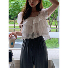 批发重工甜美蕾丝花边短袖<b class='q'>雪纺衫</b> 韩版chic 轻熟时尚 小众设计感 少女