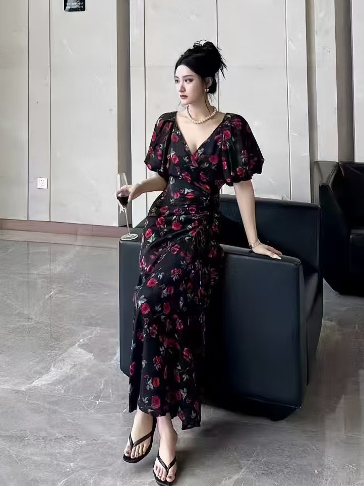 FA34027# 印花复古泡泡短袖不规则收腰连衣裙长裙子外贸大码女装韩国ins 服裝批發女裝批發服飾貨源