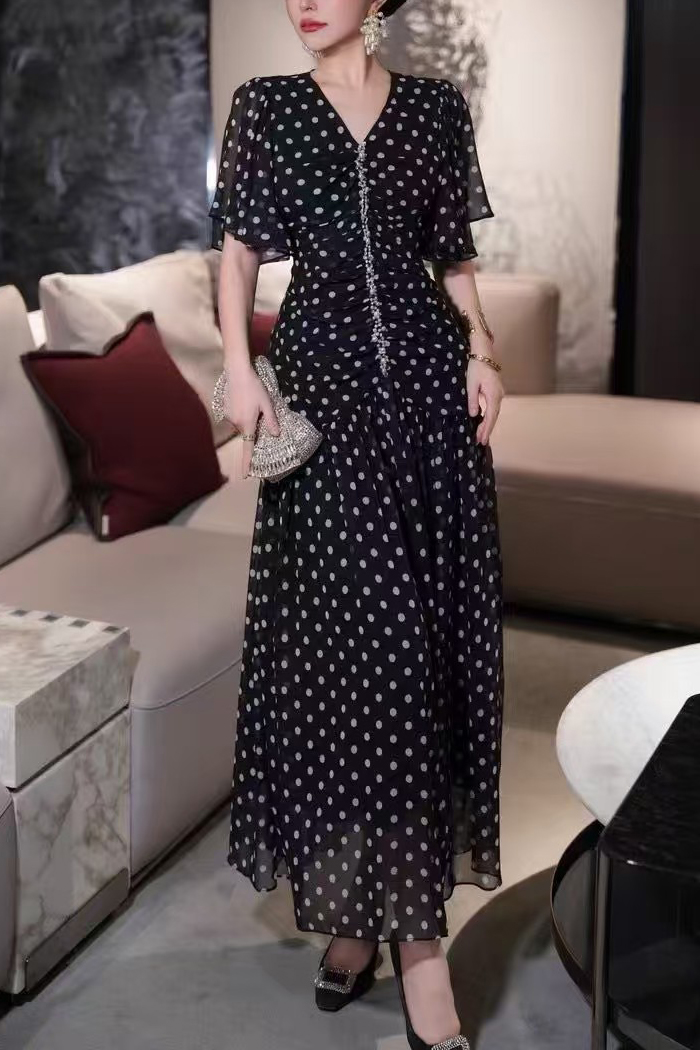 FA34026# 复古印花波点V领拉链收腰短袖连衣裙长裙子外贸大码女装韩国ins 服裝批發女裝批發服飾貨源