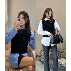 批发26春 韩国代购 系搭配 叠穿修身长袖衬衫+针织毛衣背心<b class='q'>马甲</b> chic