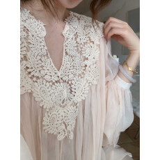 批发SYA奚小西 法式蕾丝<b class='q'>衬衫</b>女秋季温柔风内搭v领<b class='q'>灯笼袖</b>人丝褶皱上衣