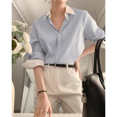 批发撞色条纹<b class='q'>衬衫</b> 春秋百搭长袖<b class='q'>衬衣</b> 韩国Ins 轻熟时尚 大码女装 <b class='q'>外贸</b>