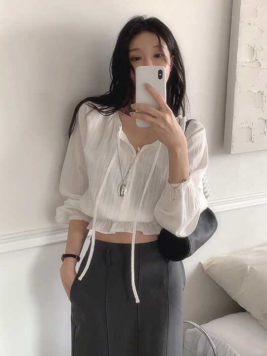 V넥 달콤함 레이스 레이스 허리 수축 레이스업 긴팔 셔츠 쉬폰 블라우스 한국 스타일 chic