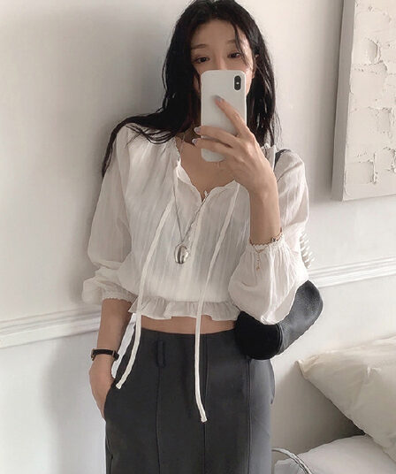 V넥 달콤함 레이스 레이스 허리 수축 레이스업 긴팔 셔츠 쉬폰 블라우스 한국 스타일 chic