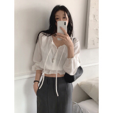 批发V领甜美蕾丝花边收腰系带长袖衬衫雪纺衫 <b class='q'>韩版</b>chic