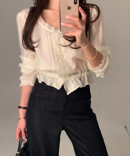 V넥 달콤함 프릴 허리 수축 긴팔 셔츠 쉬폰 블라우스 한국 스타일 chic