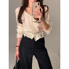 批发V领甜美木耳边收腰长袖<b class='q'>衬衫</b>雪纺衫 韩版chic