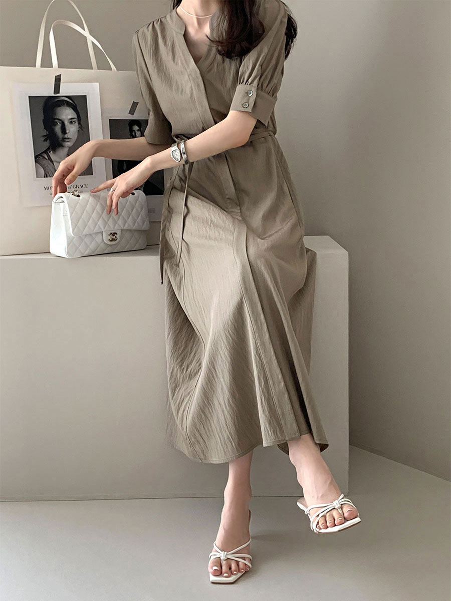 선적 중 V넥 부서 벨트 반팔 드레스 롱 스커트 미니멀리즘 바람 품격 한국 스타일 chic 빛 요리 한 패션