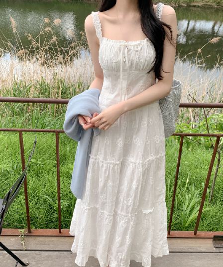 순수한 욕망 요정 바람 무거운 작업 자수 슬립 드레스 롱 스커트 한국 동대문 chic