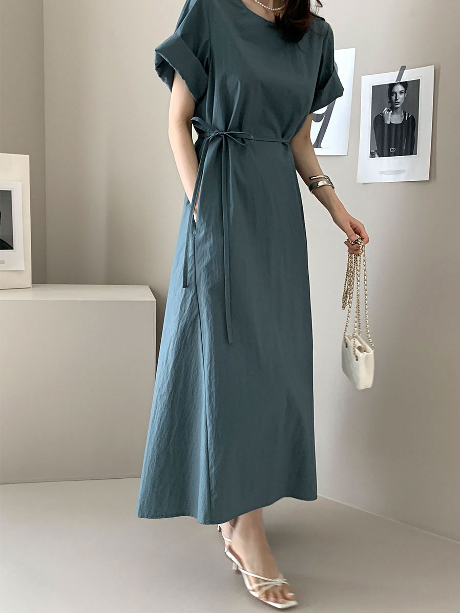 단색 라운드 넥 부서 벨트 반팔 드레스 롱 스커트 미니멀리즘 바람 품격 한국 스타일 chic 빛 요리 한 패션