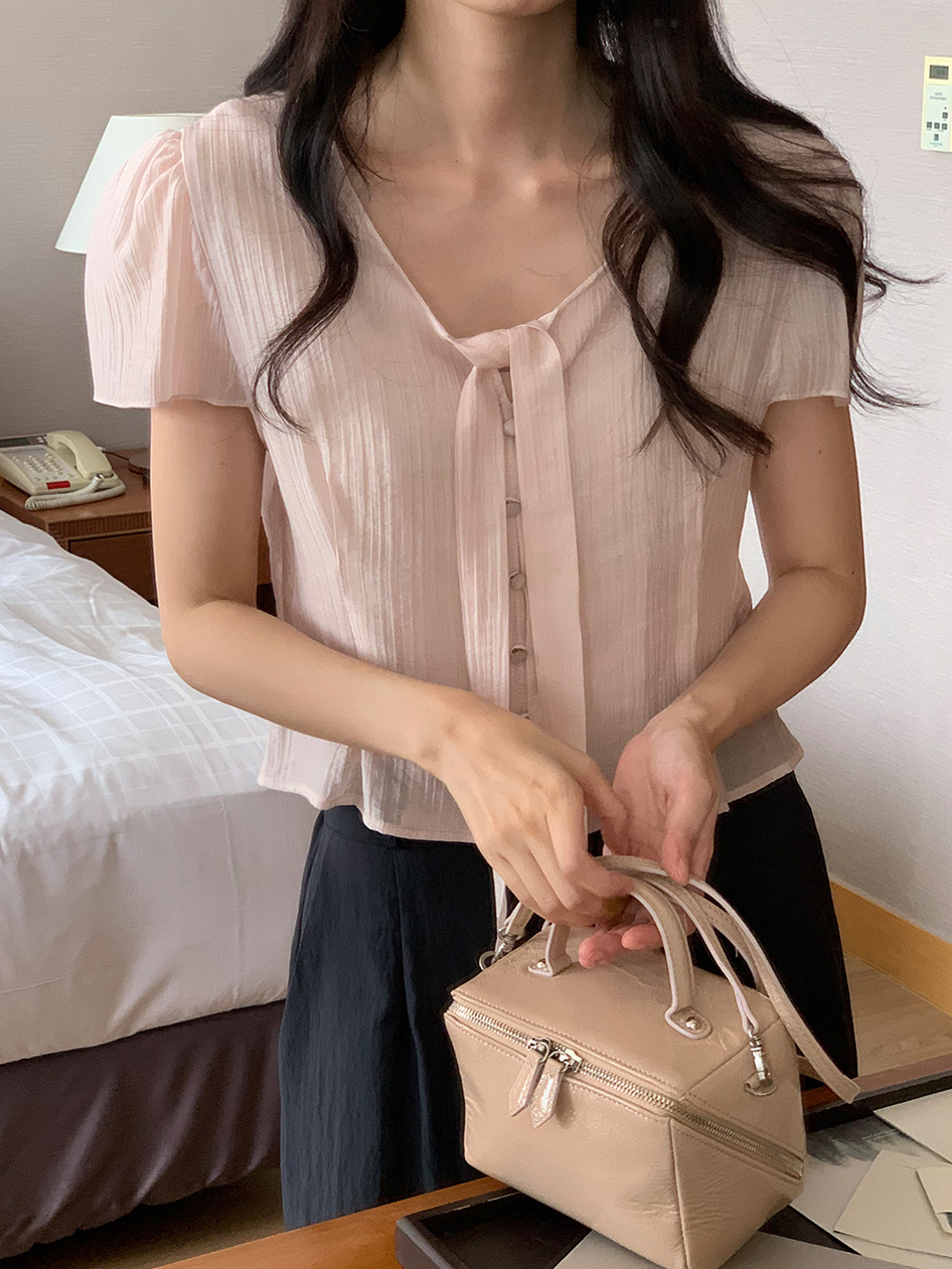 리본 반팔 셔츠 시폰 셔츠 여성 한국 스타일 chic 동대문 같은 단락