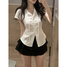 批发小众设计感 收腰系带小V领中长款短袖<b class='q'>衬衫女</b> 韩版chic