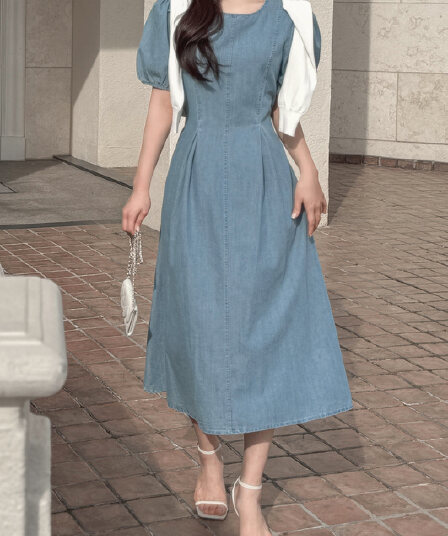 랜턴 반팔 레이스업 데님 드레스 롱 스커트 여성 한국 스타일 chic 빛 요리 한 패션 허리 수축 슬림해 보이는