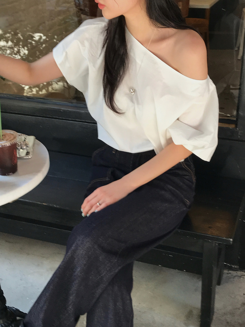 단색 오프숄더 보트넥 반팔 셔츠 쉬폰 블라우스 한국 스타일 chic
