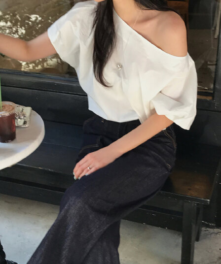단색 오프숄더 보트넥 반팔 셔츠 쉬폰 블라우스 한국 스타일 chic