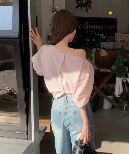 보트넥 오프숄더 벌룬 소매 쉬폰 블라우스 여성 셔츠 한국 스타일 chic