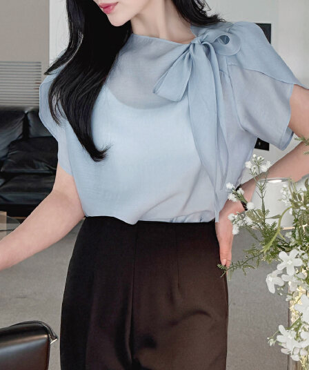 부서 나비 매듭 칼라 Feifei 소매 셔츠 시폰 셔츠 여성 한국 스타일 chic