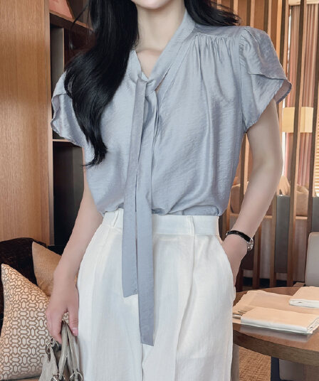 느긋한 레이스업 튤립 반팔 셔츠 한국 스타일 chic