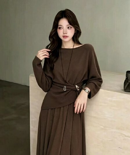 느긋한 바람 긴팔 티셔츠 빅 플레어 스커트 바닥 청소 치마
