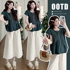 批发实拍夏装新款复古洗水牛仔娃娃衬衫+<b class='q'>白色</b>阔腿裤孕妇套装