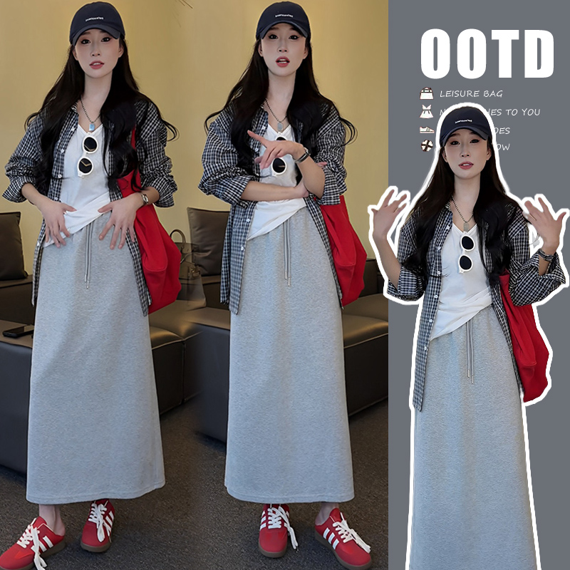 가을 의상 새로운 한 부서 격자 무늬 셔츠 루즈핏 느긋한 조끼 펌프 로프 반신 스커트 임산부 3종 세트