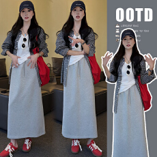 秋装新款韩系格子衬衫+宽松慵懒背心+抽绳半身裙孕妇三件套