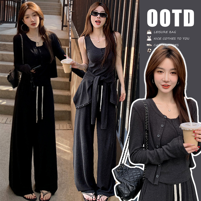 가을 의상 새로운 느긋한 바람 몸매 가꾸기 슬림해 보이는 펌프 로프 와이드 레그 팬츠 임산부 세트 3종 세트