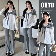 实拍#新款韩版减龄长袖T条纹披肩+显瘦抽绳微喇裤孕妇三件套