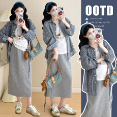 实拍新款韩系格子衬衫+宽松慵懒背心+抽绳半身裙孕妇三件套