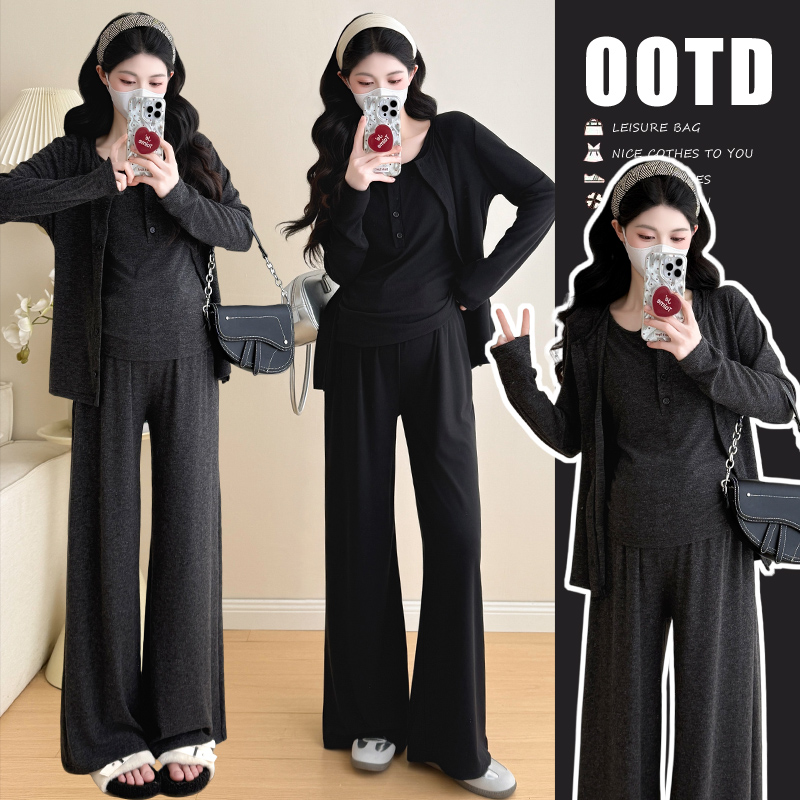 실사 새로운 느긋한 바람 몸매 가꾸기 슬림해 보이는 펌프 로프 와이드 레그 팬츠 임산부 세트 3종 세트