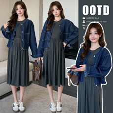 批发实拍 秋装新款复古深蓝牛仔外套+<b class='q'>短袖</b>针织连衣裙<b class='q'>孕妇</b><b class='q'>两件套</b>