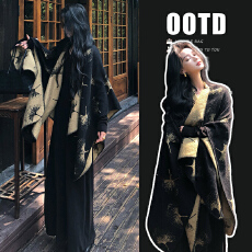 批发秋冬新款 黑色外搭披肩<b class='q'>百搭</b>银杏叶斗篷+黑色显瘦连衣裙孕妇两件套