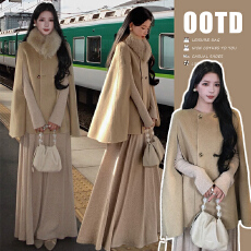 批发秋冬新款气质高级感斗篷毛领+修身针织长裙孕妇装三件套