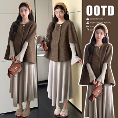 批发实拍 秋冬新款小香风斗篷披肩外搭+针织长款连衣裙孕妇两件套