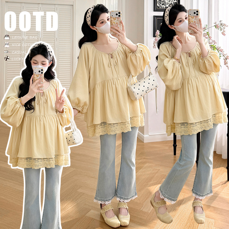 실사 봄 드레스 새로운 프랑스식 스트랩 라운드 넥 루즈핏 인형 셔츠 임산부 맨위