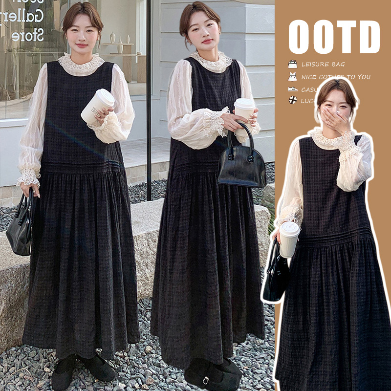 봄 드레스 새로운 프랑스식 문예 품격 레이스 셔츠 체크무늬 조끼 원피스 출산 착용 투피스 세트