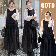 批发春装新款法式文艺气质<b class='q'>蕾丝</b>衬衫+格子背心连衣裙孕妇装两件套