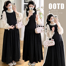 批发春装新款法式文艺气质<b class='q'>蕾丝</b>衬衫+格子背心连衣裙孕妇装两件套