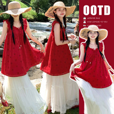 批发夏装新款红色中长款镂空宽松呆带<b class='q'>连衣裙</b>+网纱半裙<b class='q'>孕妇</b><b class='q'>套装</b>