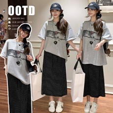 夏装新款 百搭休闲印花短袖上衣+条纹半裙孕妇套装