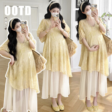 实拍 现夏装 新款法式温柔风V领叠穿绣花罩衫连衣裙孕妇两件套