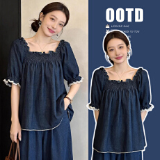 夏装新款 气质方领泡泡袖木耳边孕妇上衣