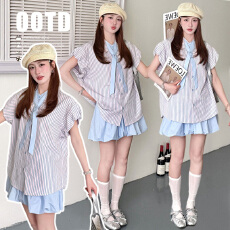 批发夏装新款<b class='q'>休闲</b>减龄可拆卸领带短袖衬衫花苞裤孕妇三件套