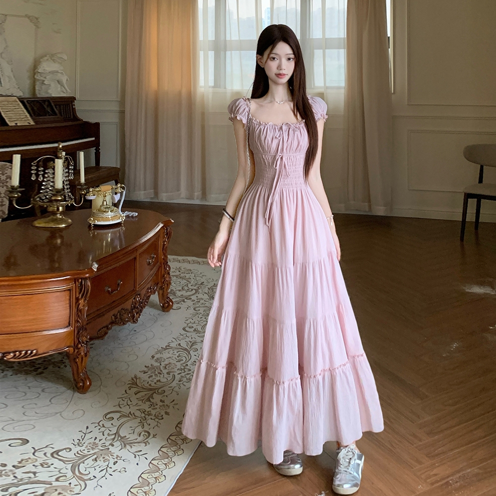 MY11174# Uo绝美裙裙 方领花边连衣裙女夏季清纯系松弛感穿搭大码长裙女裝貨源服裝批發