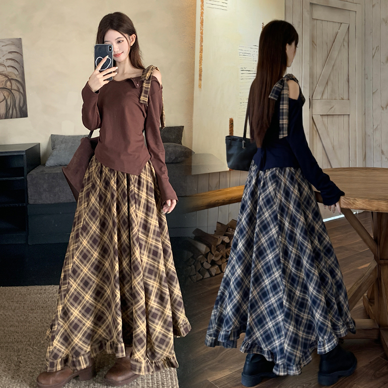 실사 2026 봄 호박색 학원 스타일 치마 패션 세트 한국 스타일 레트로 체크무늬 빅 사이즈 치마