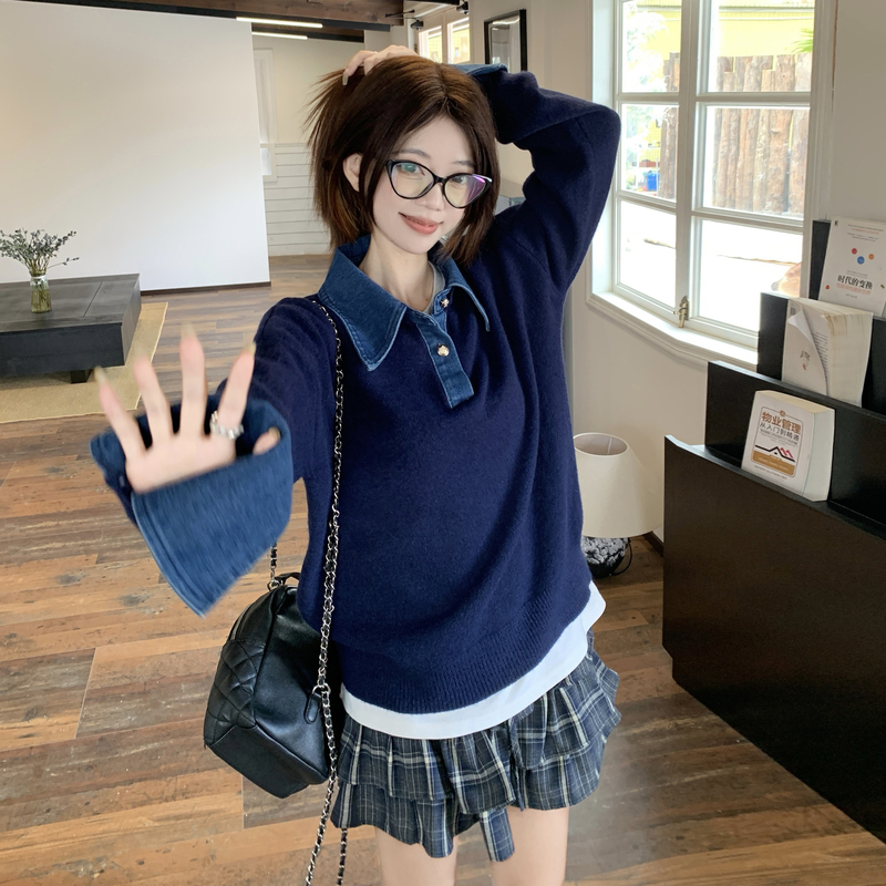 BY35938# 秋冬美式复古牛仔拼接假两件套头毛衣减龄大码针织上衣  服裝批發女裝批發服飾貨源